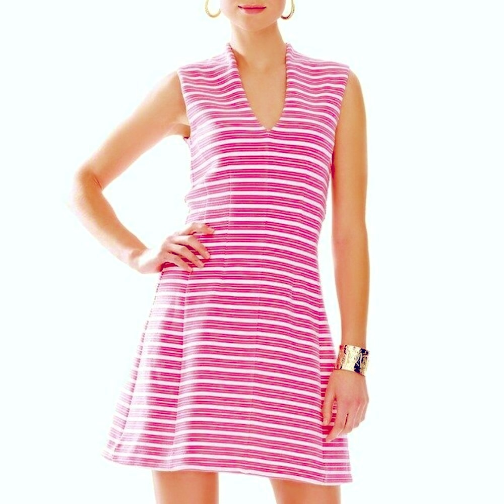 NWT LILLY PULITZER $198 Briana Stripe Baby Shower DRESS Skater Capri Pink Circle